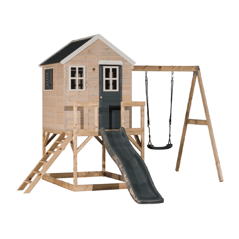 Wendi Toys My Lodge Ensemble de Balançoire avec Plateforme, Toboggan, Balançoire Simple et Accessoire de Gym Gris
