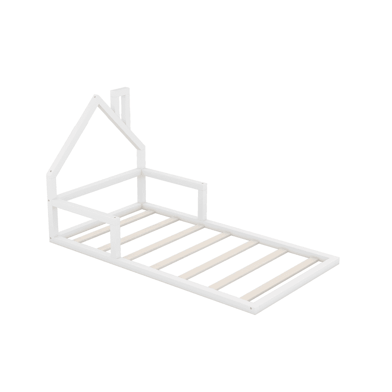 Bellemave Twin Size Floor Bed Frame With Headboard & Slats White