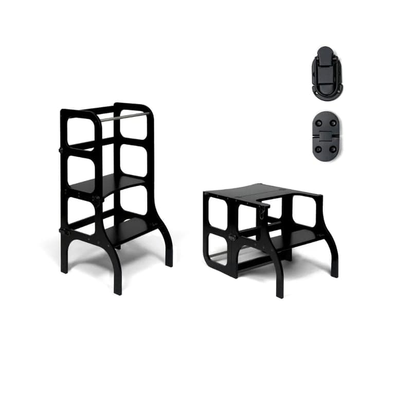 Ette Tete STEP'n'SIT® Tour d'Apprentissage Table Convertible 2-en-1 Noir avec loquets à clip noirs