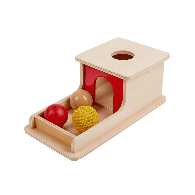 Adena Montessori Full Size Object Permanence Box With Tray Three Balls (Wood, Plastic, Knitted)