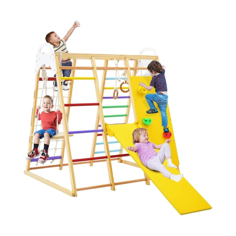 Costzon Wooden Indoor Jungle Gym 8-in-1 With Climbing Rock Rainbow