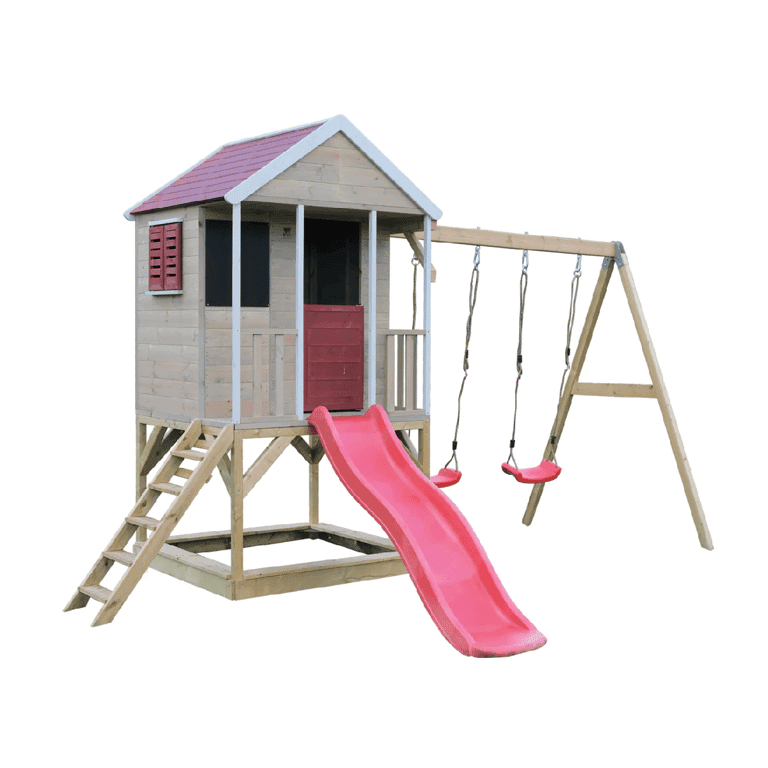 Wendi Toys Summer Adventure Ensemble de Balançoire avec Plateforme, Toboggan et Double Balançoire Rouge