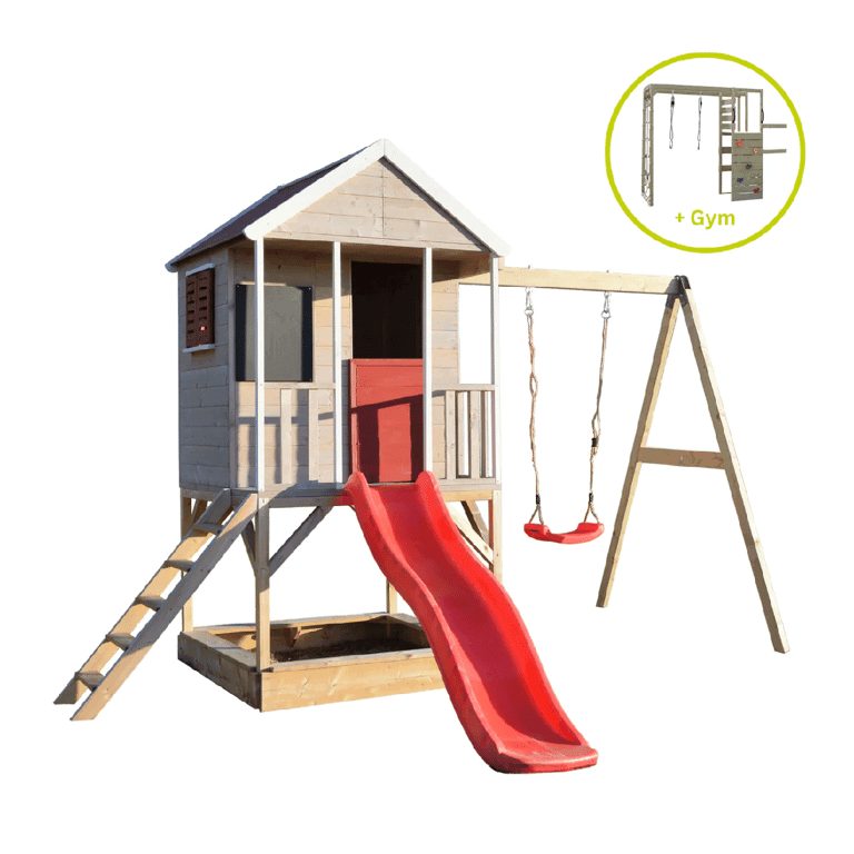 Wendi Toys Ensemble de Balançoire Aventure d'Été avec Plateforme, Toboggan, Balançoire Simple et Accessoire de Gym Rouge