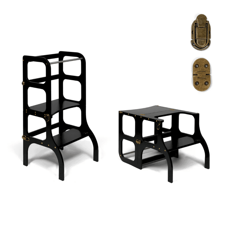 Ette Tete STEP'n'SIT® Tour d'Aide Table Convertible 2-en-1 Noir Avec Fermoirs en Laiton