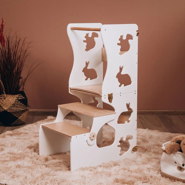 Wood and Hearts Convertible Kitchen Tower White + Natural Wood Animals
