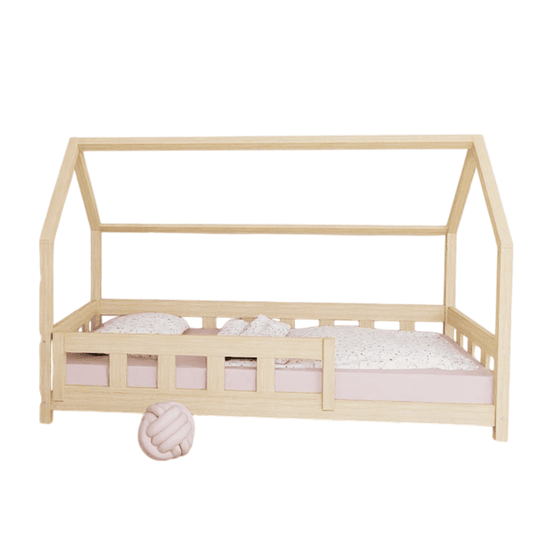 Benlemi Lit Maison Plotty Avec Panneau Latéral et Barrière de Sécurité Frontale Non Verni 120x200 CM
