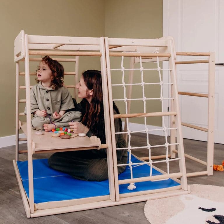 Wood and Hearts Indoor Jungle Gym With Trapeze, Ladder, Ramp, and Mat