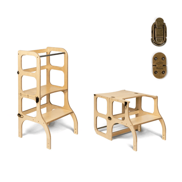 Ette Tete STEP'n'SIT® Tour d'Apprentissage Table Convertible 2-en-1 en Bois avec Serrures à Fermoir en Laiton