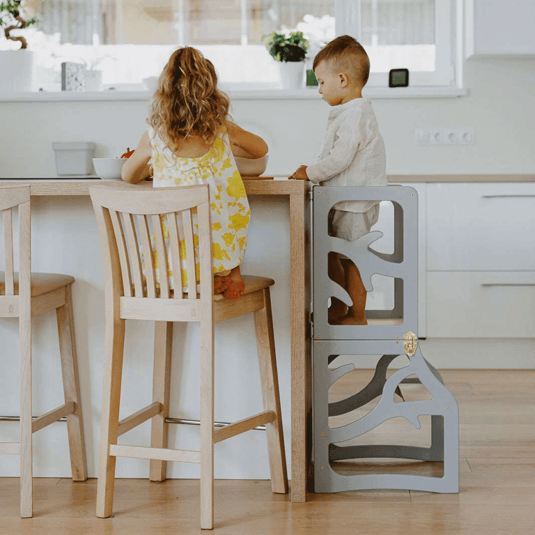 Weco Tour de cuisine design 3-en-1 avec tabouret marchepied gris