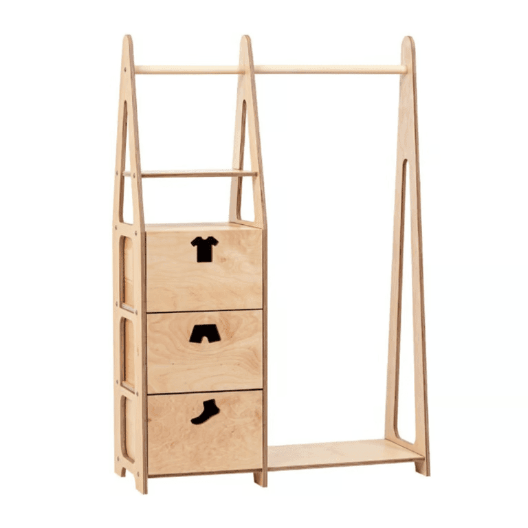 Duck Woodworks Shop Portant-vêtements avec Compartiments à Vêtements et Tiroirs en Bois Naturel