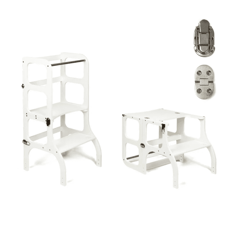 Ette Tete STEP'n'SIT® Tour d'Aide Table Convertible 2-en-1 Blanc Avec Verrous à Fermoir Argent