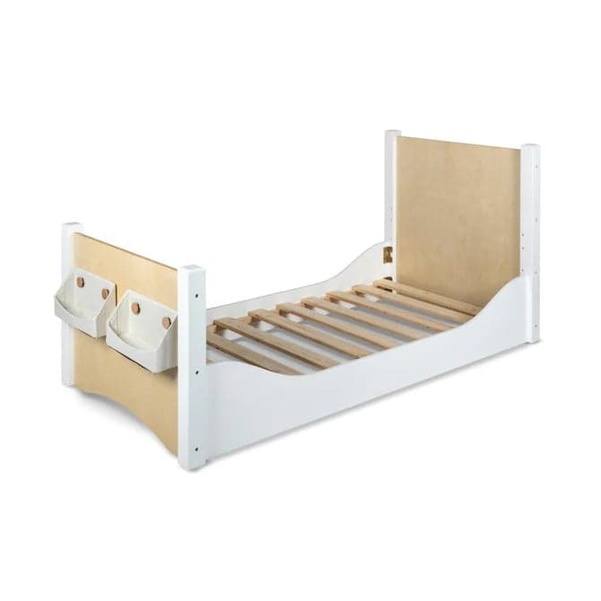 My Happy Helpers Adjustable Single Floor Bed White & Birch With White Baskets