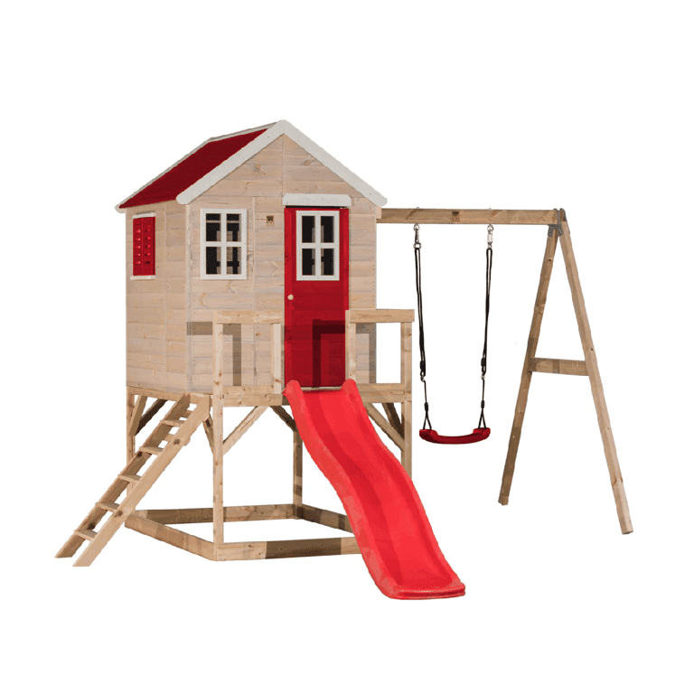 Wendi Toys My Lodge Ensemble de Balançoire avec Plateforme, Toboggan et Balançoire Simple Rouge
