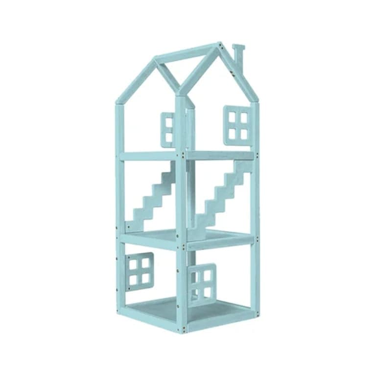 BusyWood Wooden House Shelf With Windows Blue
