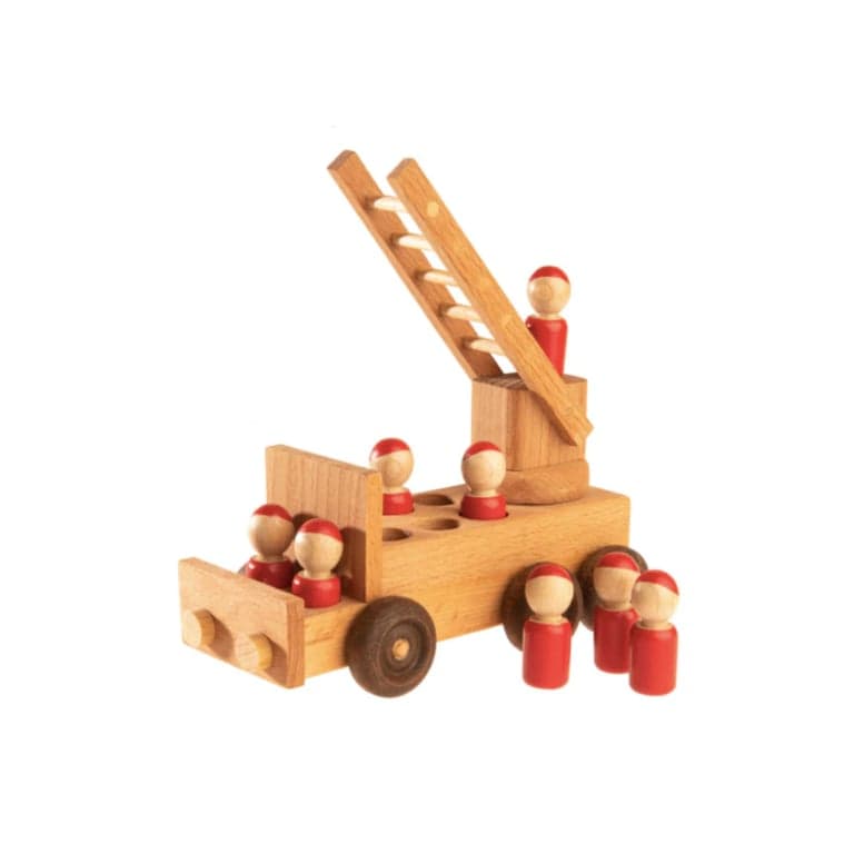 PoppyBabyCo Wooden Fire Truck Toy With Red Pegs