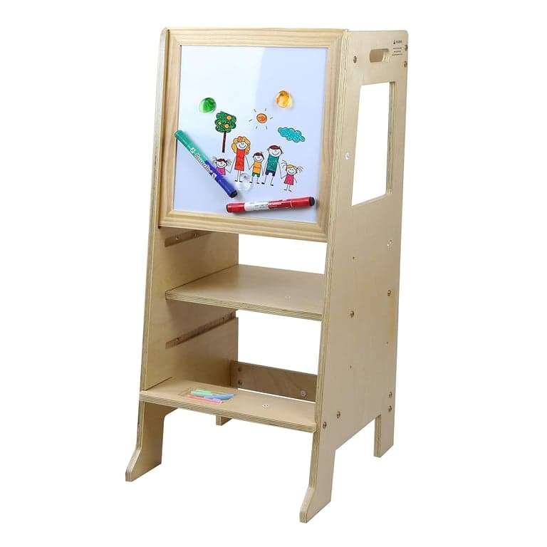 Clevr Toddler Tower With Chalkboard and Whiteboard Adjustable Natural