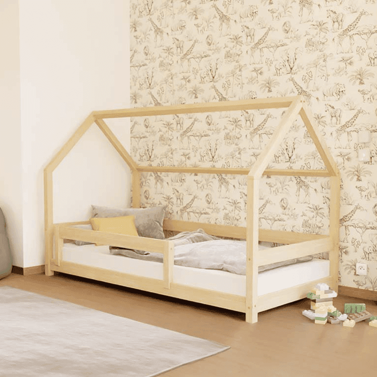 Benlemi Lit Maison Lucky Avec Garde-Corps Rigide Non Verni 120 x 200