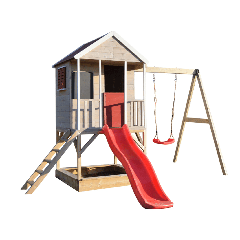 Wendi Toys Ensemble de Balançoire Aventure d'Été avec Plateforme, Toboggan et Balançoire Simple Rouge