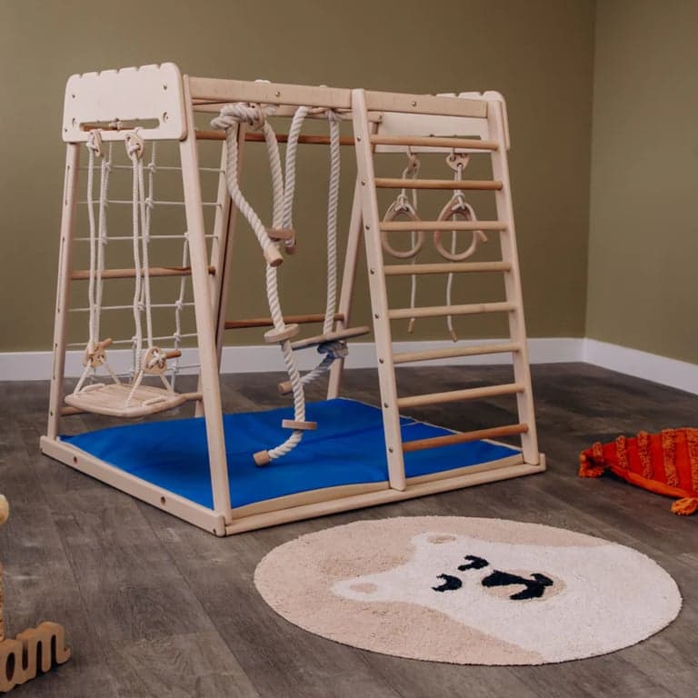 Wood and Hearts Indoor Jungle Gym With Trapeze, Mat, and 4 Rope Access