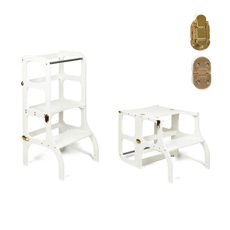 Ette Tete STEP'n'SIT® Tour d'Aide Table Convertible 2-en-1 Blanc Avec Verrous à Fermoir Dorés