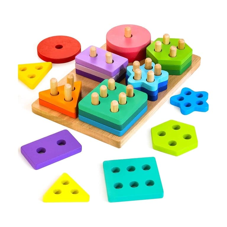 HELLOWOOD Geometric Blocks Wooden Stacker Rainbow
