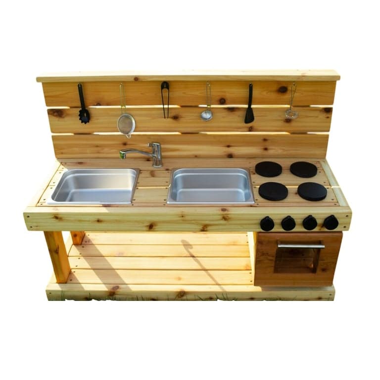 Noble Wooden Toys Mud Kitchen With Oven, Faucet, and 2 Drains