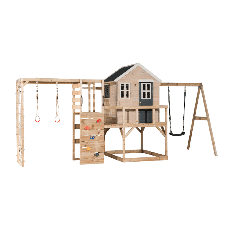 Wendi Toys My Lodge Ensemble de Balançoire avec Plateforme, Balançoire Simple et Accessoire de Gym Gris
