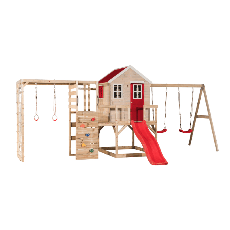 Wendi Toys My Lodge Balançoire avec Plateforme, Toboggan, Double Balançoire et Accessoire de Gym Rouge