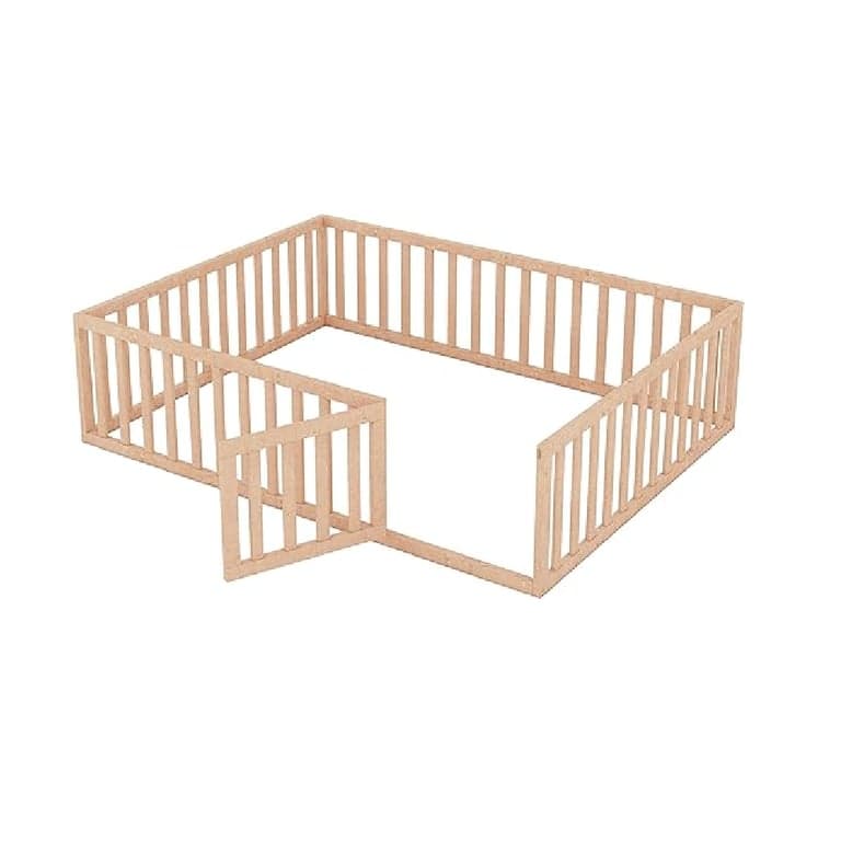 Bellemave Queen Size Floor Bed Frame With Fence Railings and Door Natural