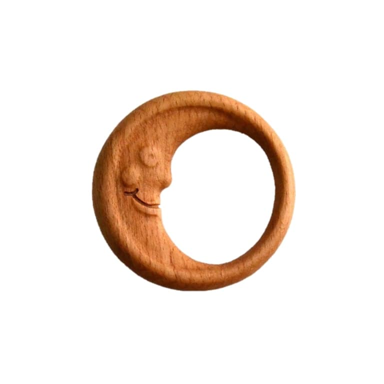 PoppyBabyCo Wooden Rattle Teether Moon Teething Ring
