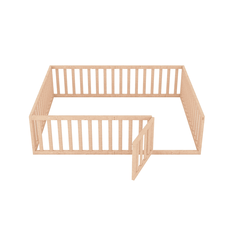 Meritline Queen Size Floor Bed Frame With Fence & Door Natural