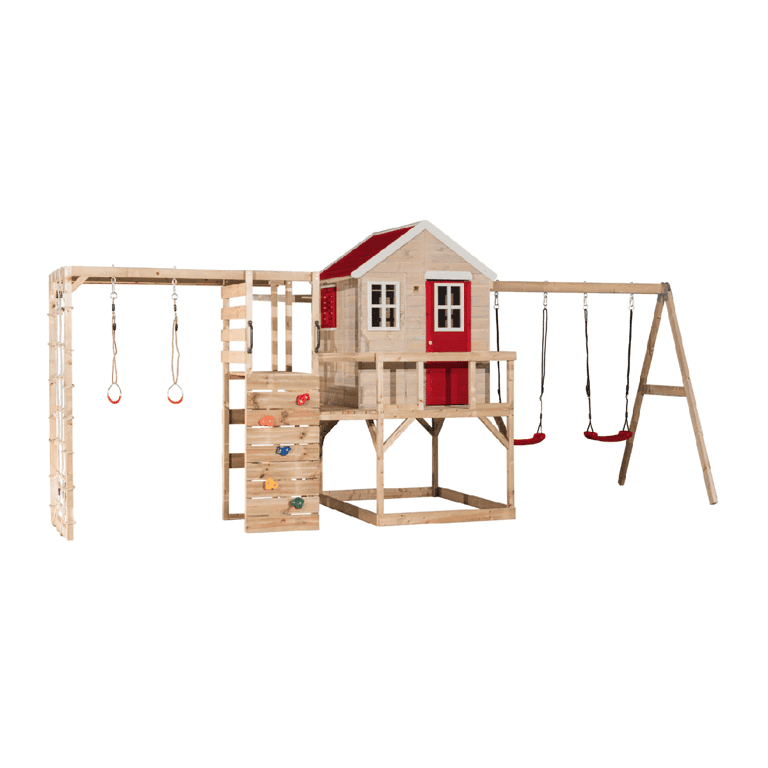 Wendi Toys My Lodge Ensemble de Balançoire avec Plateforme, Double Balançoire et Accessoire de Gym Rouge