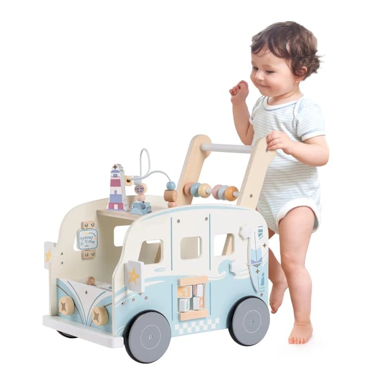 Robud Chariot de Marche en Bois pour Bébé Bus de Vacances Bleu