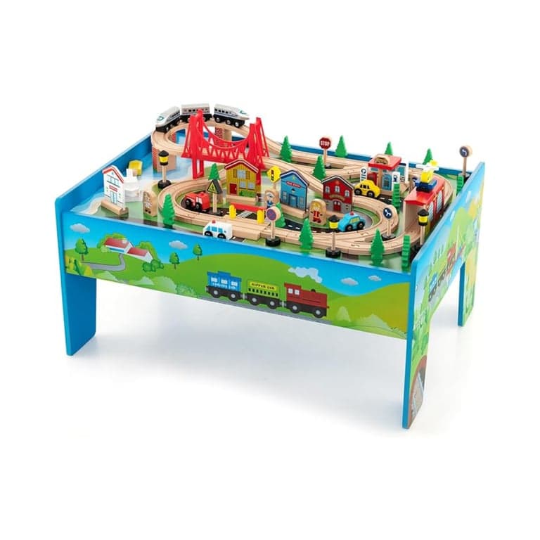 Costzon Wooden Activity Table With 80 Pieces Train Set Multicolor