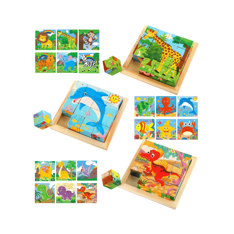 Libima 3 Packs Wooden Cube Puzzle With Storage Tray