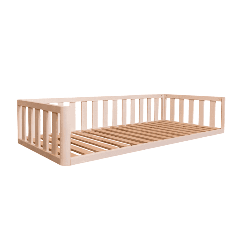 MandreleKids Lit au Sol Blanc Sans Barrières Avant Avec Coins Extérieurs Arrondis Taille Twin