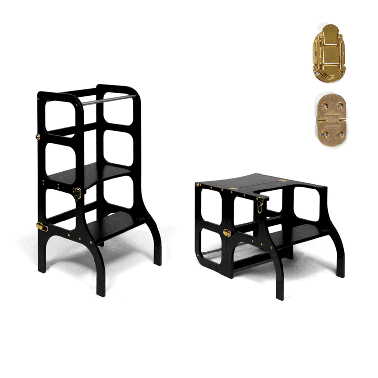 Ette Tete STEP'n'SIT® Tour d'Aide Table Convertible 2-en-1 Noir Avec Verrous à Fermoir Dorés