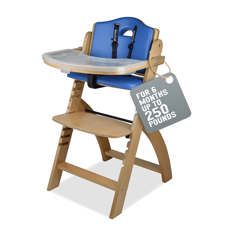 Abiie Beyond Junior Convertible Wooden High Chair Natural Wood Blue Cushion