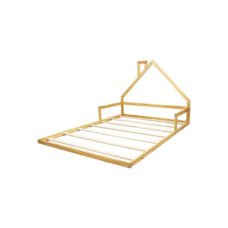 Bedzy Pine Wood House Shaped Double Floor Bed Natural Wood