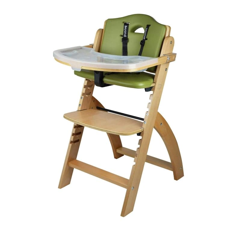 Abiie Beyond Wooden High Chair With Tray Natural Wood Green Cushion