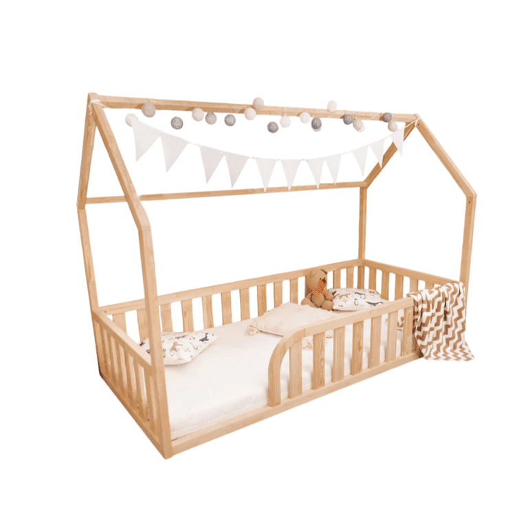 MandreleKids Lit au Sol Naturel avec Ouverture Arrondie Taille Double