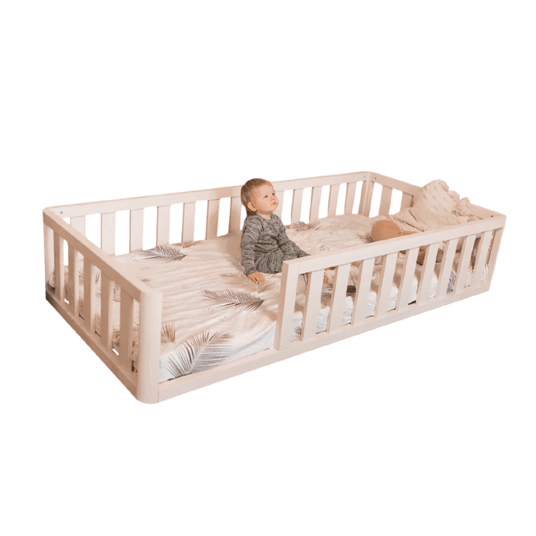 MandreleKids Lit au Sol Naturel avec Coins Extérieurs Arrondis Sans Porte Taille Jumeau