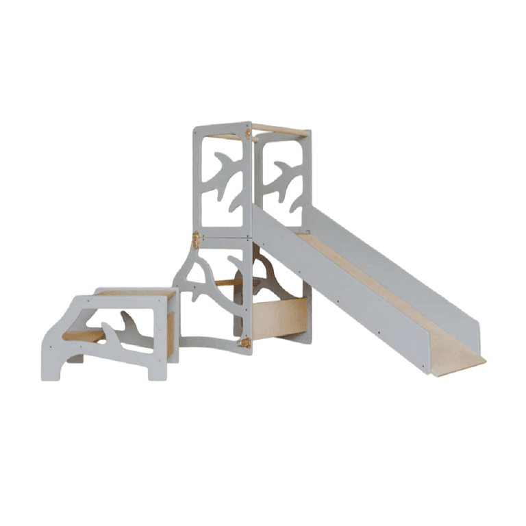 Weco Tour d'Apprentissage de Cuisine 4 en 1 à design arbre avec toboggan et tabouret Gris