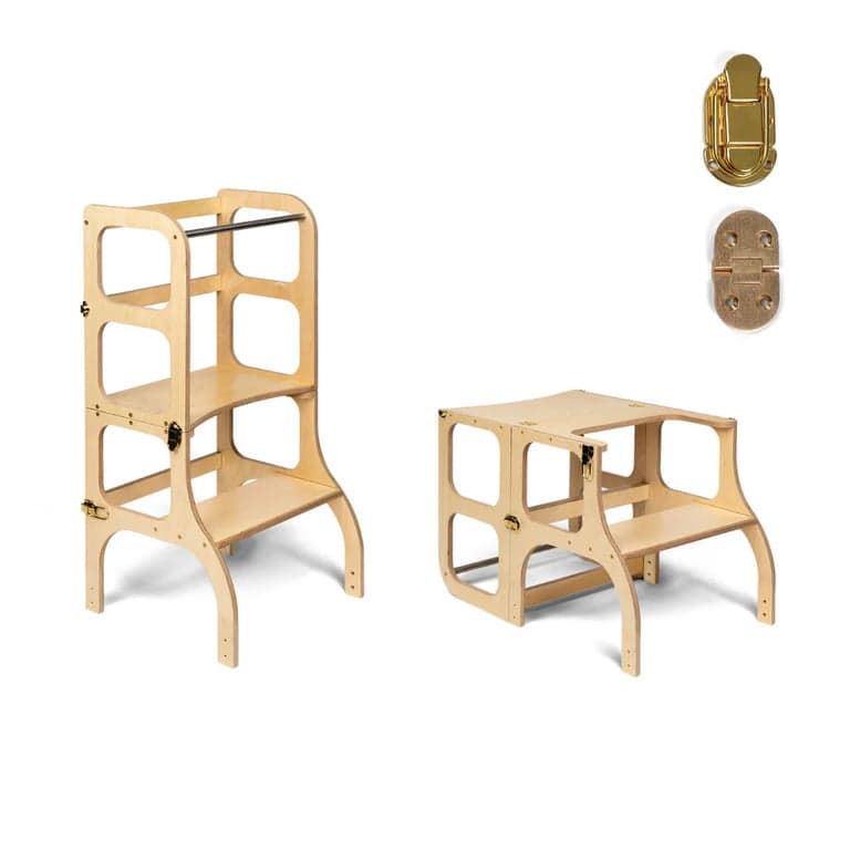 Ette Tete STEP'n'SIT® Tour d'Aide Table Convertible 2-en-1 en Bois avec Verrous à Fermoir Doré