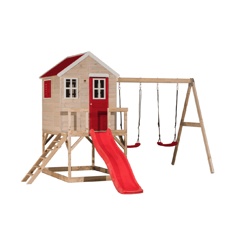 Wendi Toys My Lodge Ensemble de Balançoire avec Plateforme, Toboggan et Double Balançoire Rouge