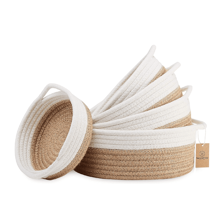 NaturalCozy Storage Basket 5-Piece Round Set Small White & Jute